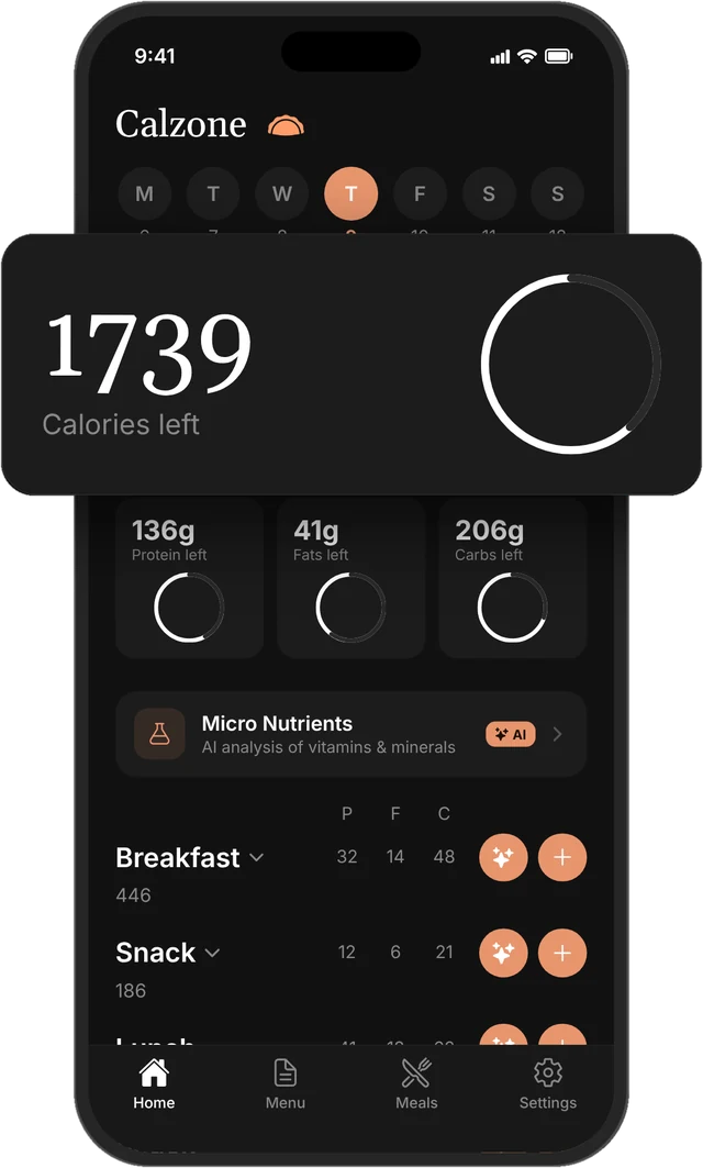 The Calzone home screen showing 1739 calories left and macro rings