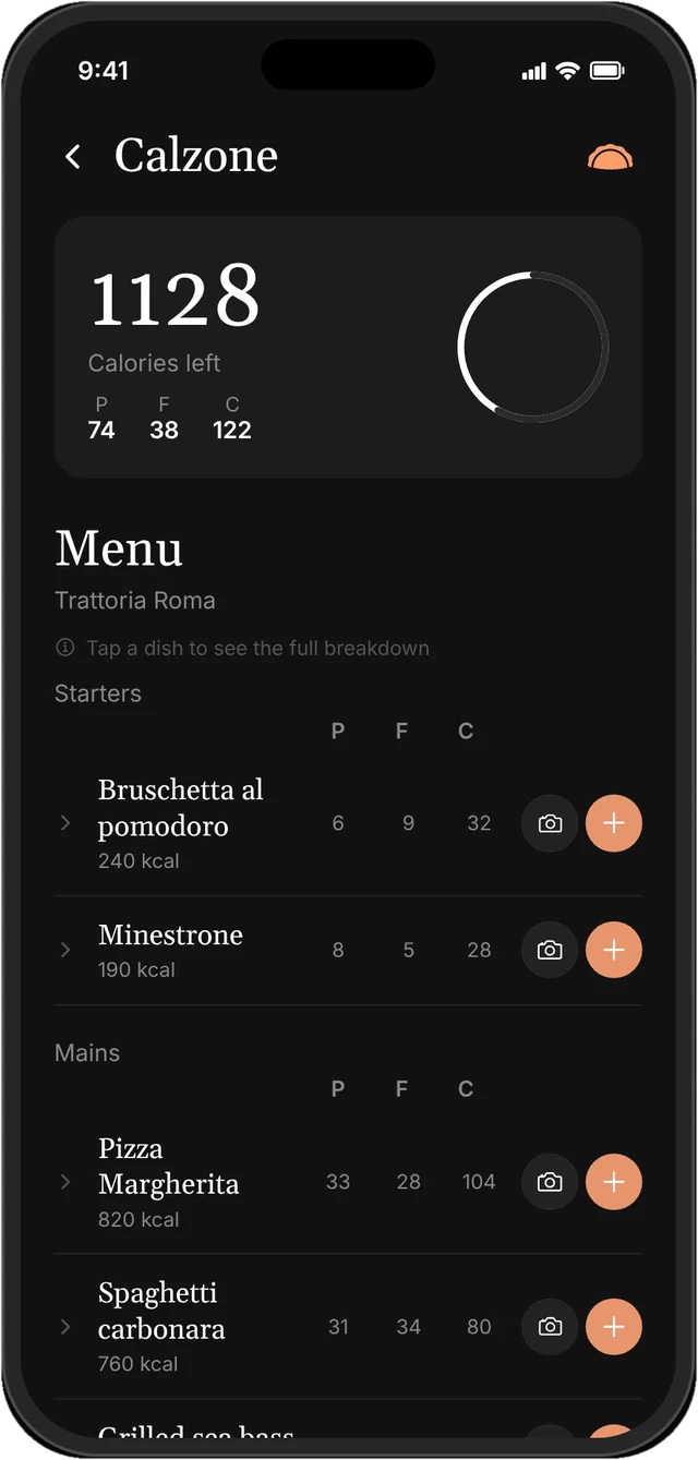 A scanned restaurant menu in Calzone with calories and macros for each dish